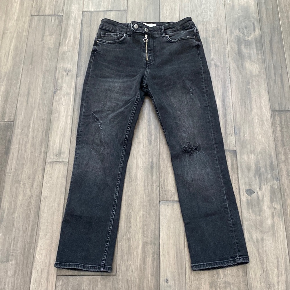 ZARA High Rise Distressed Black Cropped Jeans Womens Size 4